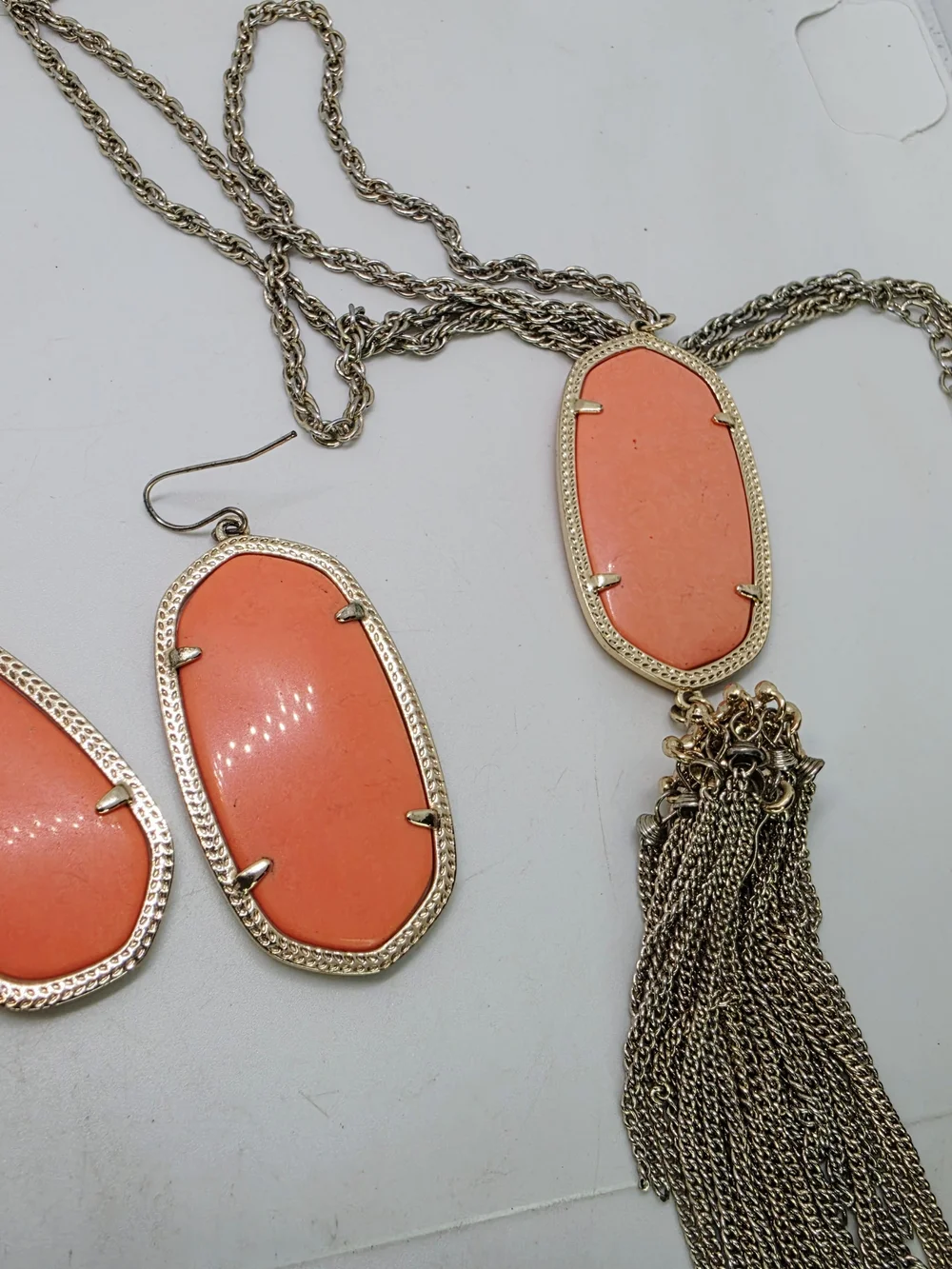Kendra Scott Rayne Tassel Pendant Necklace & Danielle Earrings Set Coral Stone